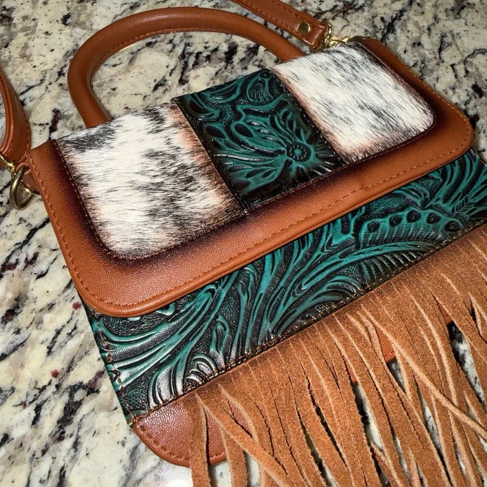 Western Animal Print Cow Fringe Crossbody Bag with Tooled Leather Excellent